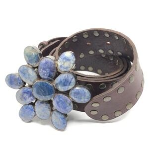 Heidi Abra Lapis Stone Flower Belt Buckle Brown leathered Brass Studs 43"